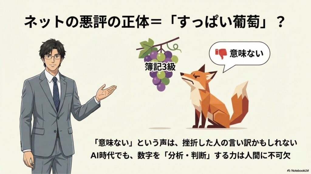 イソップ寓話のすっぱい葡萄を見上げるキツネのイラスト。「意味ない」というネットの評判は挫折した人の言い訳かもしれないことを示唆する図。