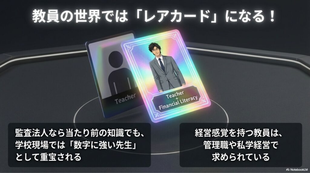 教員免許に簿記の知識（Financial Literacy）を組み合わせることで、学校現場で重宝される「数字に強い先生」になれることを示すイメージ図。