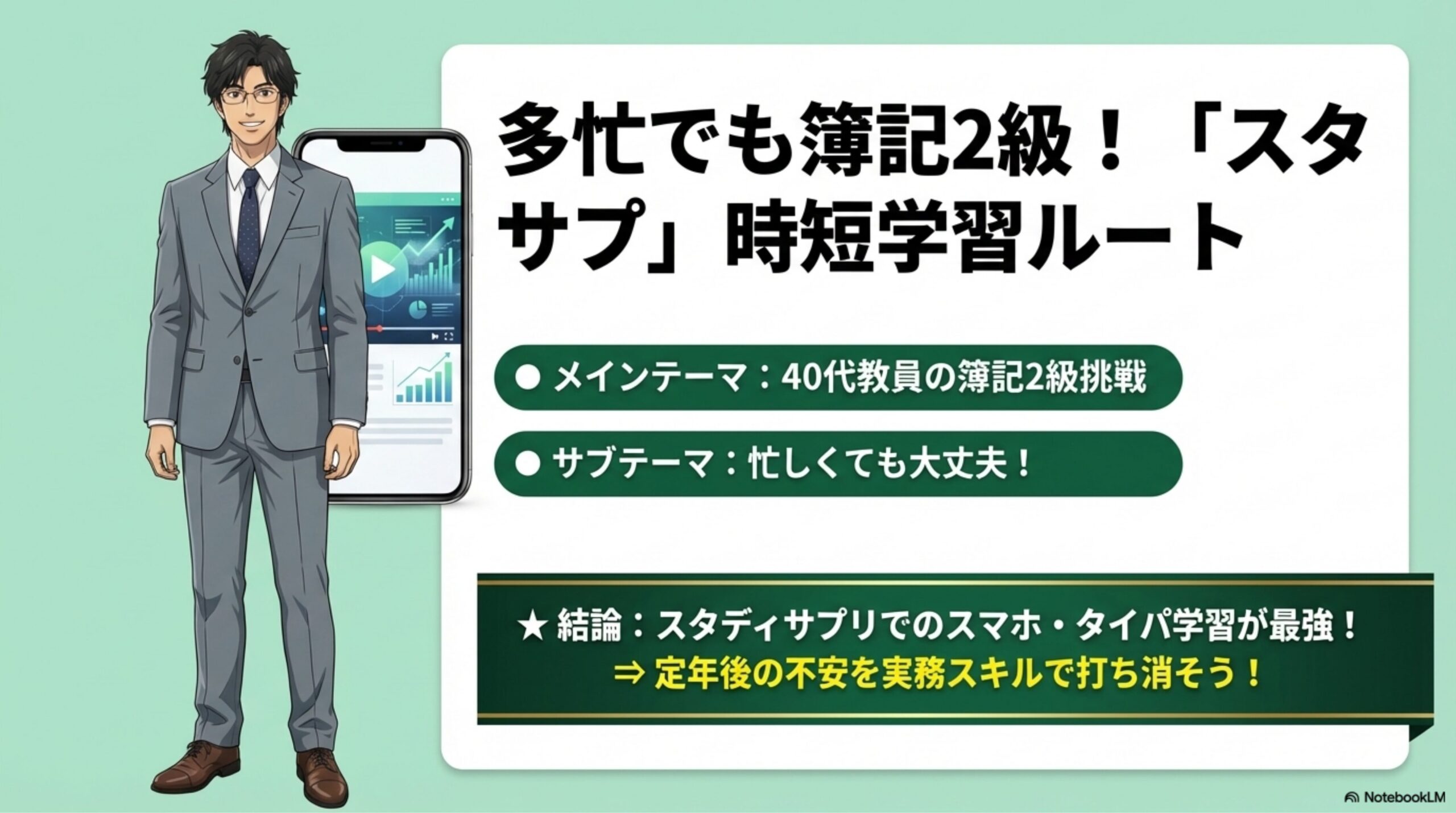 教員がスキマ時間にスマホで簿記の学習をして喜んでいる図解