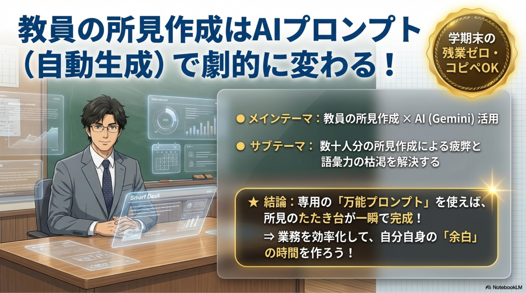 く先生がパソコンに向かい、AIを使って所見を作成し、安心しているインフォグラフィック。右上に「学期末の残業ゼロ・コピペOK」のバッジ。背景に学校の教室と未来的なAIの図解イメージ。