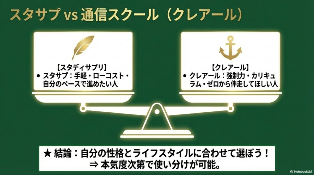 スマホ学習（手軽・低コスト）と、通信スクール（カリキュラム・強制力）の天秤を比較している図解。