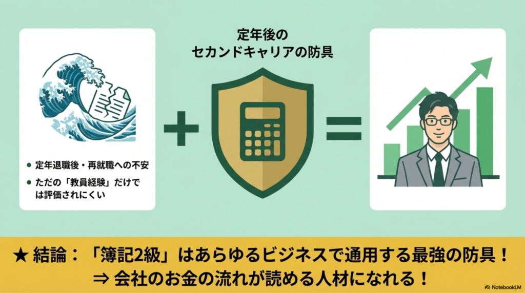 不安な老後と、簿記の知識（盾や電卓のアイコン）で自己防衛しているビジネスマンの対比図解。