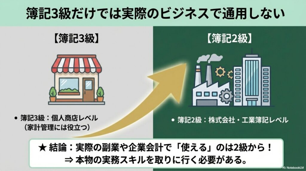 簿記3級（個人商店のアイコン）と簿記2級（複雑な株式会社や工場のアイコン）のレベル差を示す比較図解。