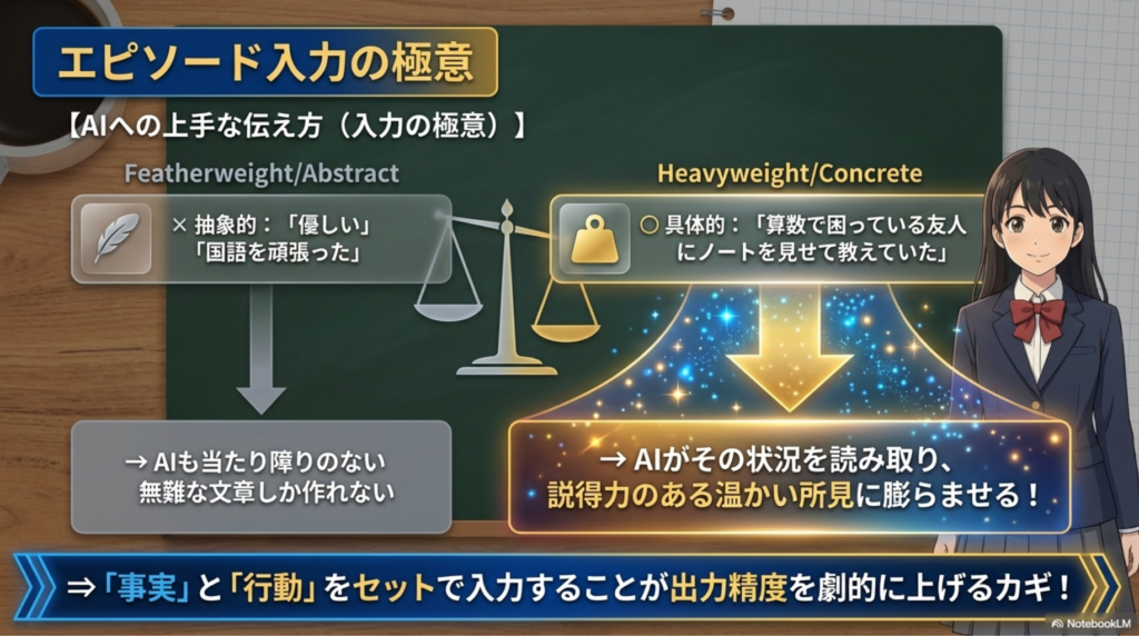 抽象的な指示「優しい」と、具体的な事実「算数で友人にノートを見せて教えた」のAI出力結果の違いを天秤にかけた図解