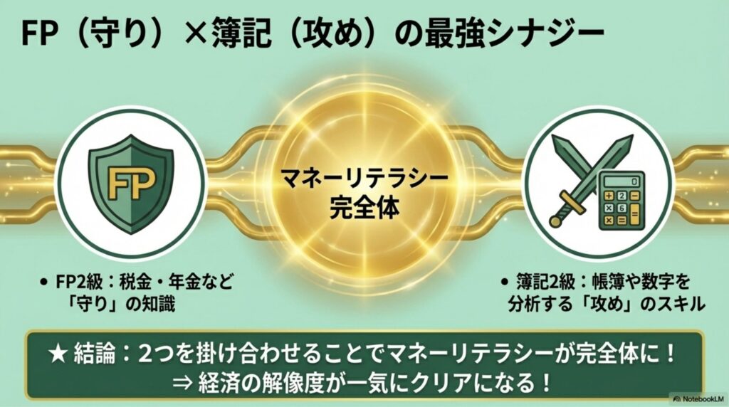 FP2級（盾のアイコン）と簿記2級（剣や電卓のアイコン）が組み合わさって強力なスキルになる図解。