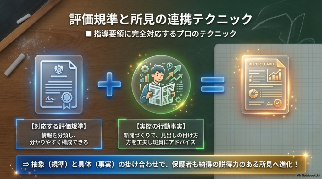文部科学省の評価規準の抽象的な文言と、実際の生徒の行動が合体して、指導要領に沿った完成形になるプロセス図解