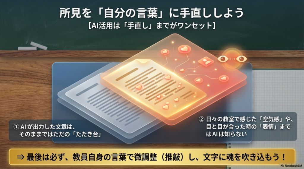 AIが出力した無機質な「たたき台」に、教員がハートマーク（熱量や空気感）を上乗せしているプロセスのインフォグラフィック