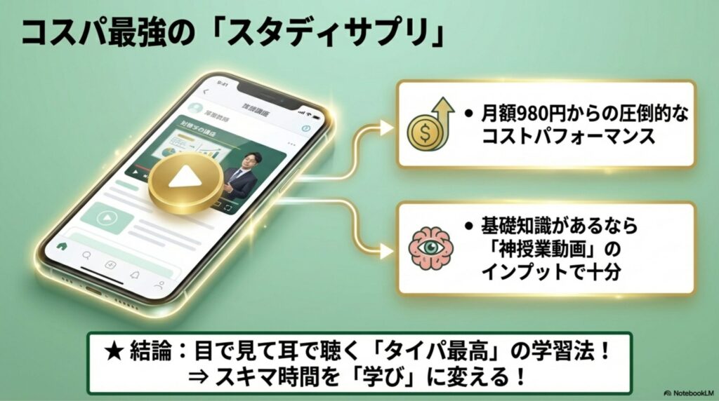 スマホで動画授業をサクサク視聴している様子と、コスト（硬貨）がセーブされている図解。