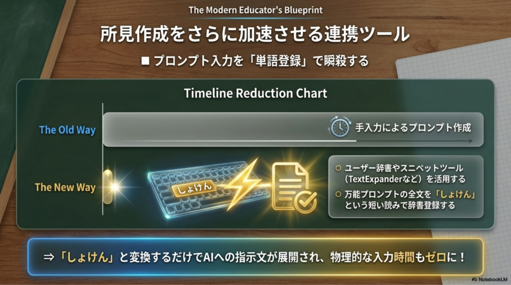 AIツールとユーザー辞書・スニペットツールが連動し、文字入力が極限まで短縮化されている図解