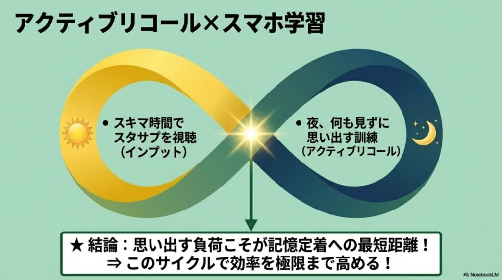 朝や通勤時間のスマホ学習（インプット）と、夜何も見ずに思い出すプロセス（アウトプット）のサイクル図解。