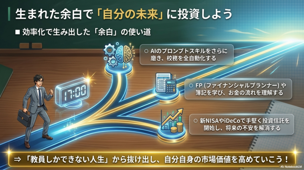 定時退勤した教員が、「AI学習」「FP・簿記資格」「NISAの資産運用」の3つのミチを選んで進んでいくロードマップの図解