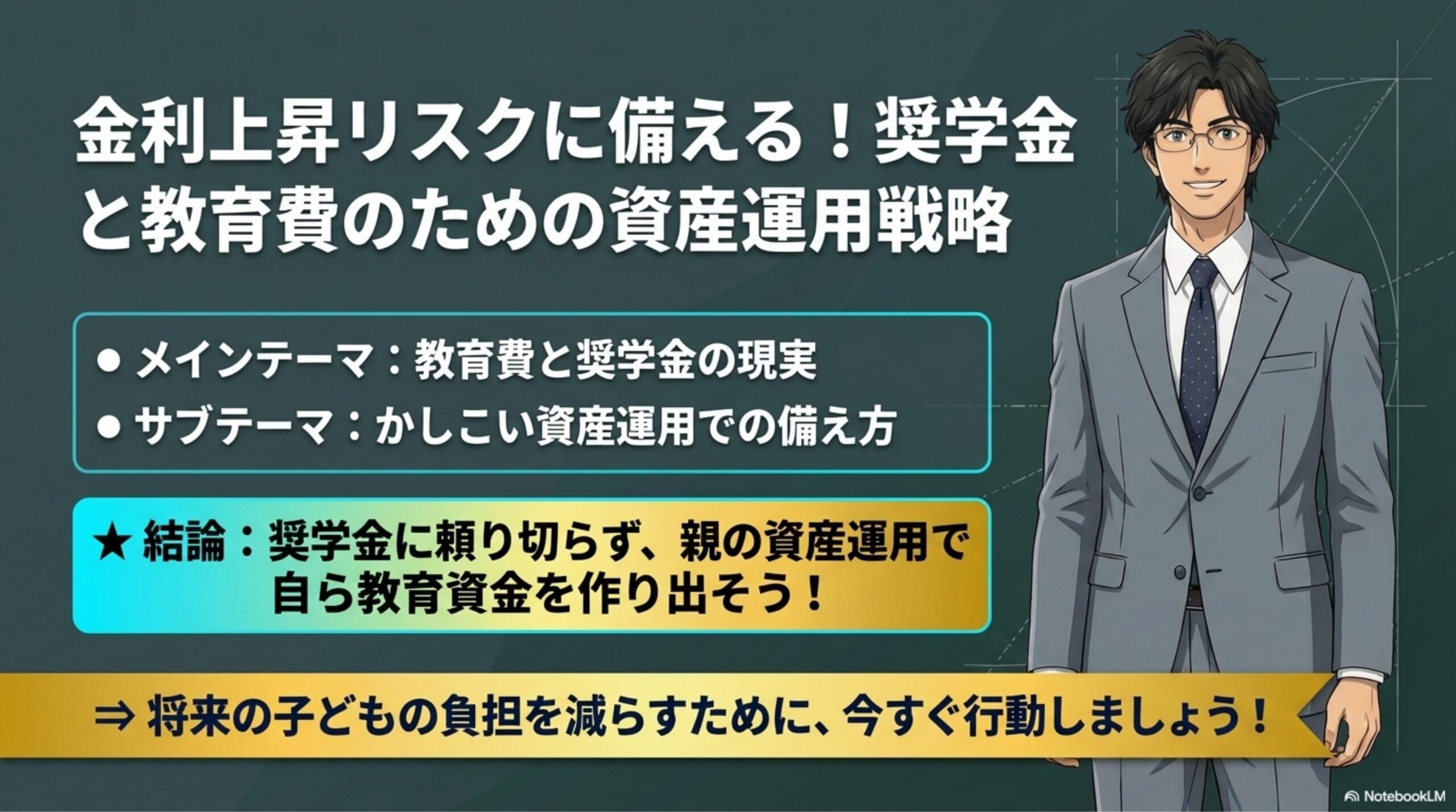 教育費の準備と奨学金の金利リスク、そして新NISA等を通じた資産運用の重要性を示したタイトル画像。たく先生が解説する構成。