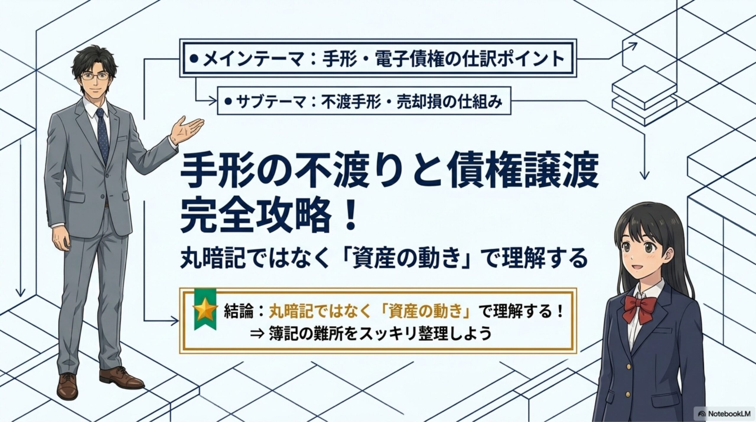 簿記の学習における手形の不渡りと債権譲渡の仕組みを解説する図解