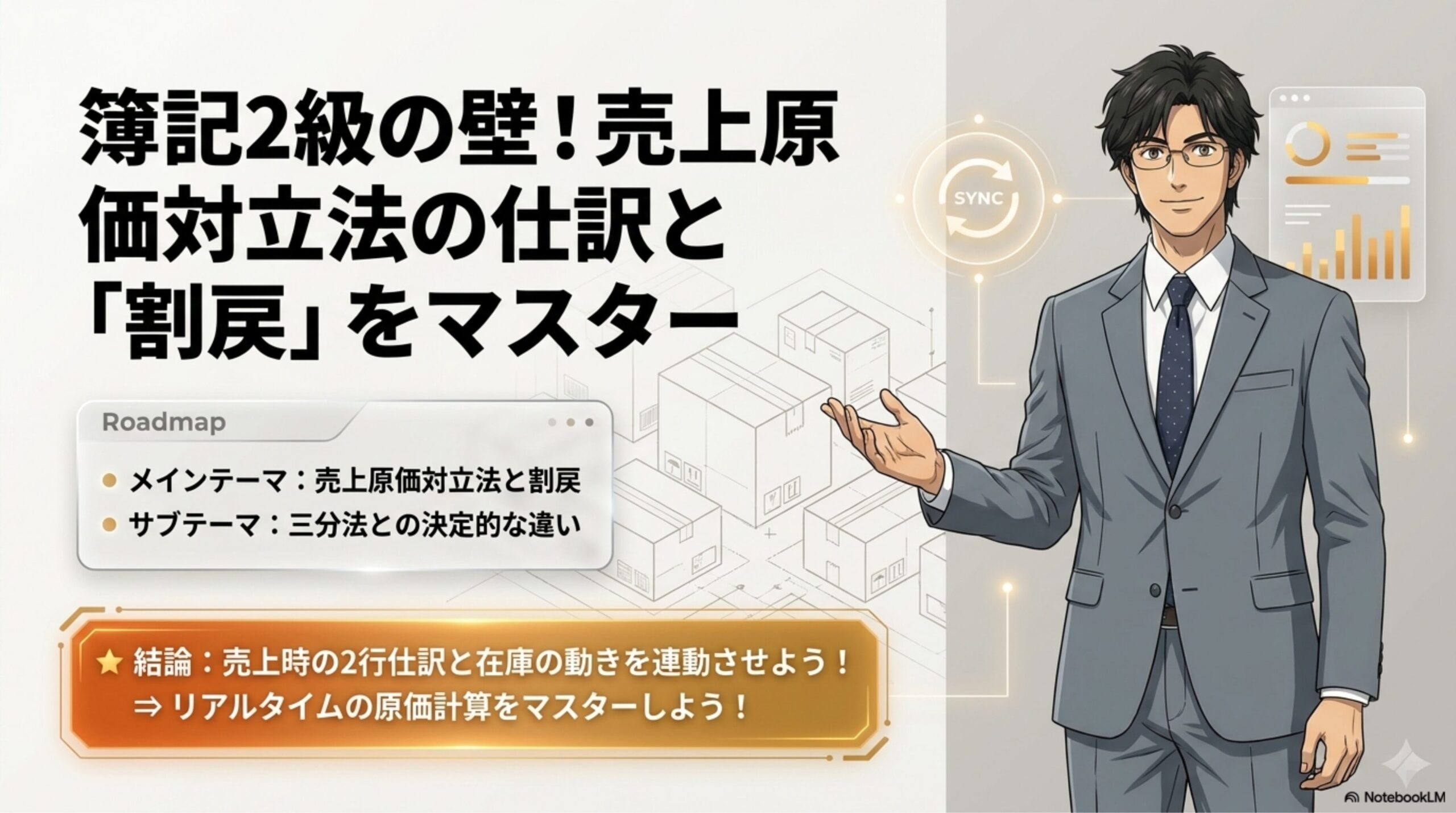 簿記2級のテキストを開き、売上原価対立法と割戻の仕訳について学習している様子を示す図解