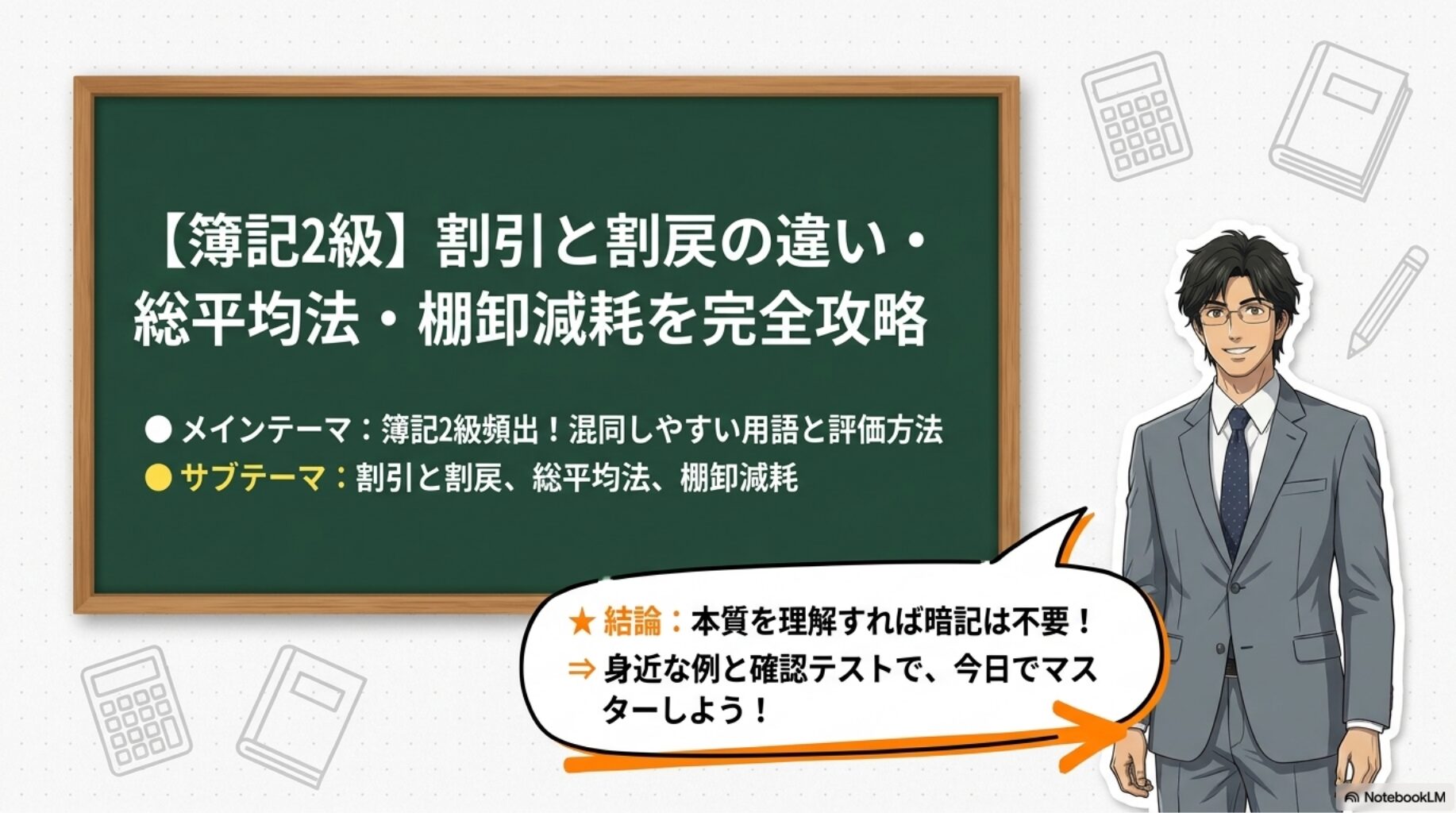 簿記2級のテキストと電卓が置かれた机に向かい、割引や総平均法について学習している様子を示す図解