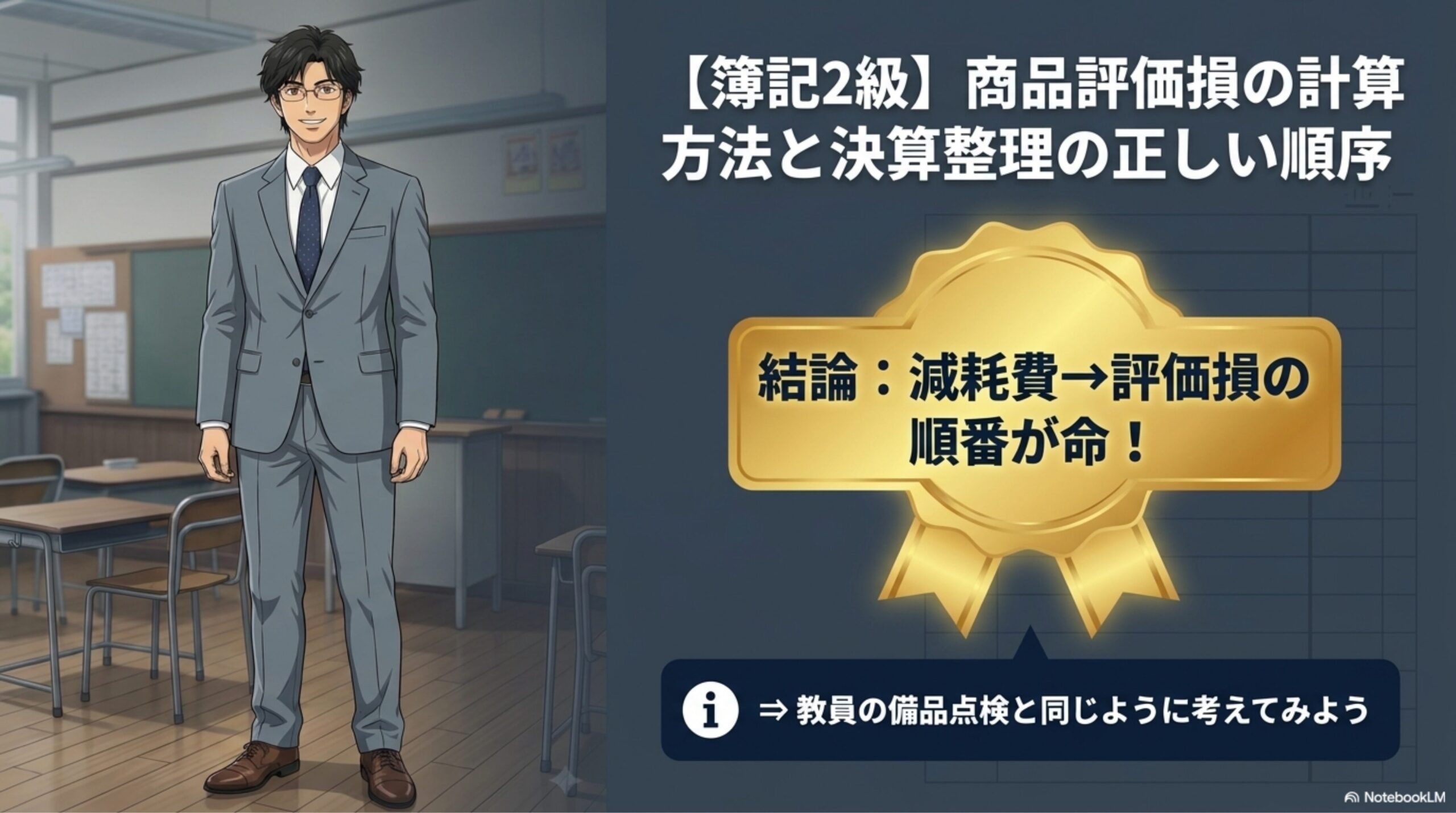 簿記2級の商品評価損の計算方法と決算整理の順序を解説する図解
