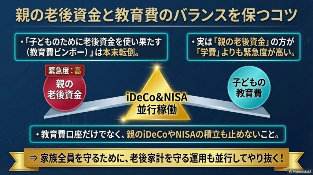 子どもの教育費に全振りして親の老後資金が枯渇するリスクと、iDeCoやNISAを並行継続するバランスの重要性の図解。
