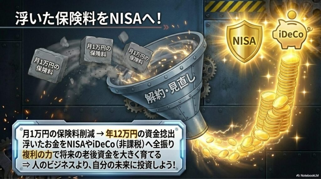 削減した保険料を上向きに伸びるNISAの矢印グラフへ投入している図解
