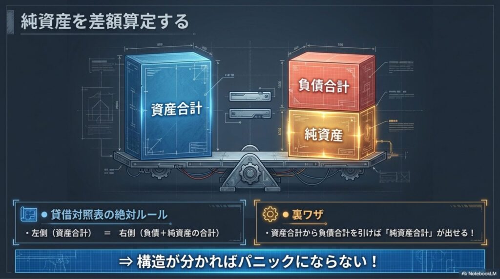 貸借対照表における「資産＝負債＋純資産」のバランス法則を利用して、純資産部分を差額から導き出す構造の図解。
