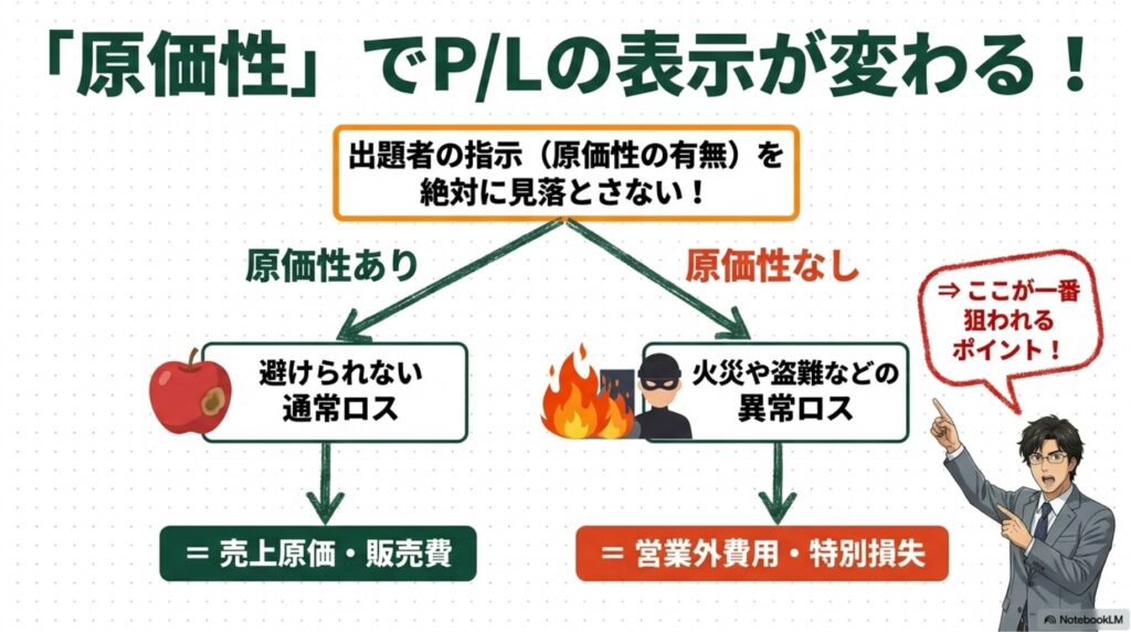 原価性がある場合は売上原価や販売費に、原価性がない異常なロスの場合は営業外費用や特別損失に分類される図解

