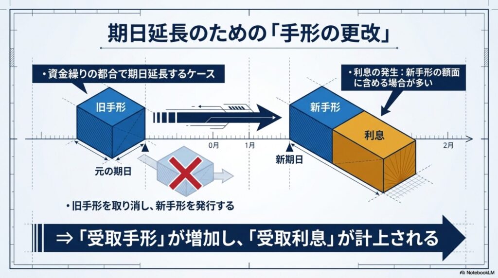 支払期日を延長するために旧手形を新型手形に交換し、延長利息を額面に含める仕訳の図解
