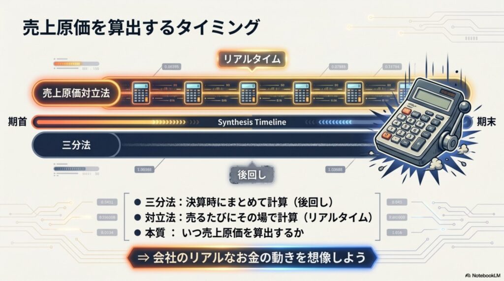 期末にまとめて計算する後回し方式の三分法と、売るたびに計算するリアルタイム方式の売上原価対立法を対比した図解
