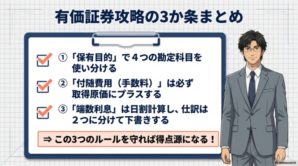 保有目的の判断、手数料の加算、端数利息の日割計算という3つの重要ポイントをまとめた図解
