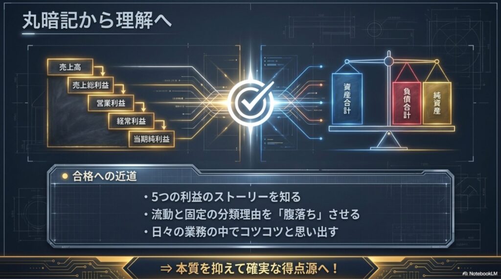 財務諸表の勘定科目や意味を理解することで、本番のプレッシャーにも負けず着実に得点につなげていく図解。
