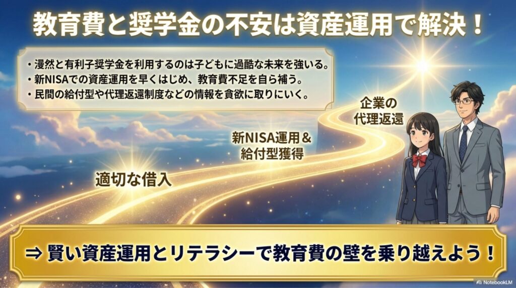 奨学金の金利リスクを抑え、新NISA等の資産運用と給付型制度の活用によって将来への安心を手に入れる姿の図解。