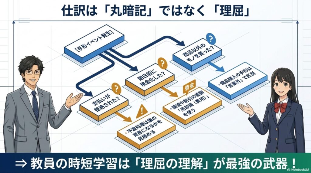 手形の不渡りと債権譲渡に関する複雑な仕訳は、資産の動きとリスク負担の理屈で理解すべきという図解
