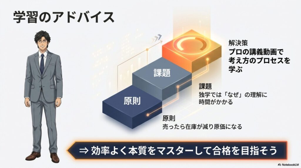 社会人が通信講座などを活用して、限られた時間で効率よく簿記の理解を深めている様子を示す図解
