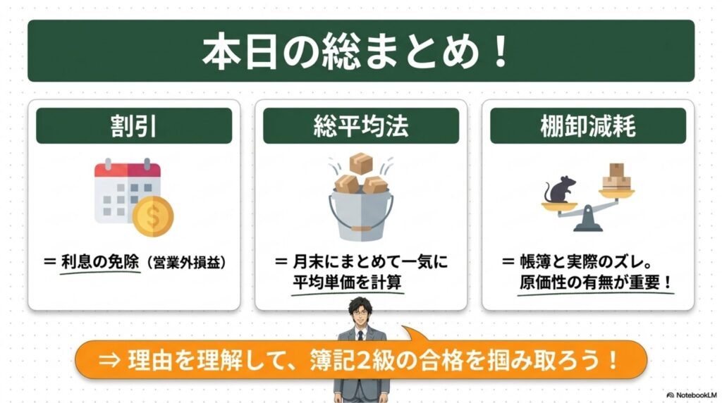 割引は利息の免除、総平均法は一括計算、棚卸減耗は原価性で表示が変わるという3つの要点の図解
