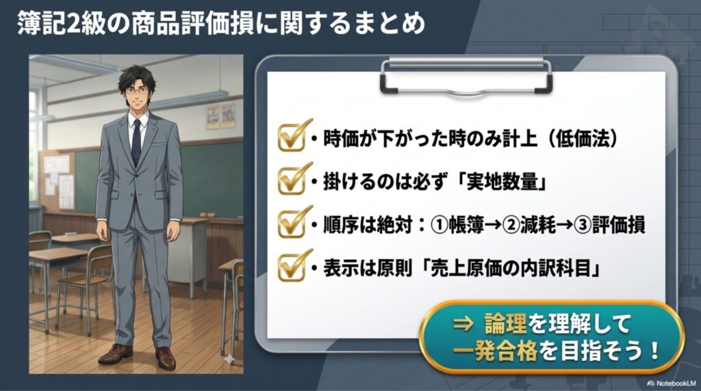 商品評価損の低価法、計算順序の3ステップなど、記事の要点をまとめた図解
