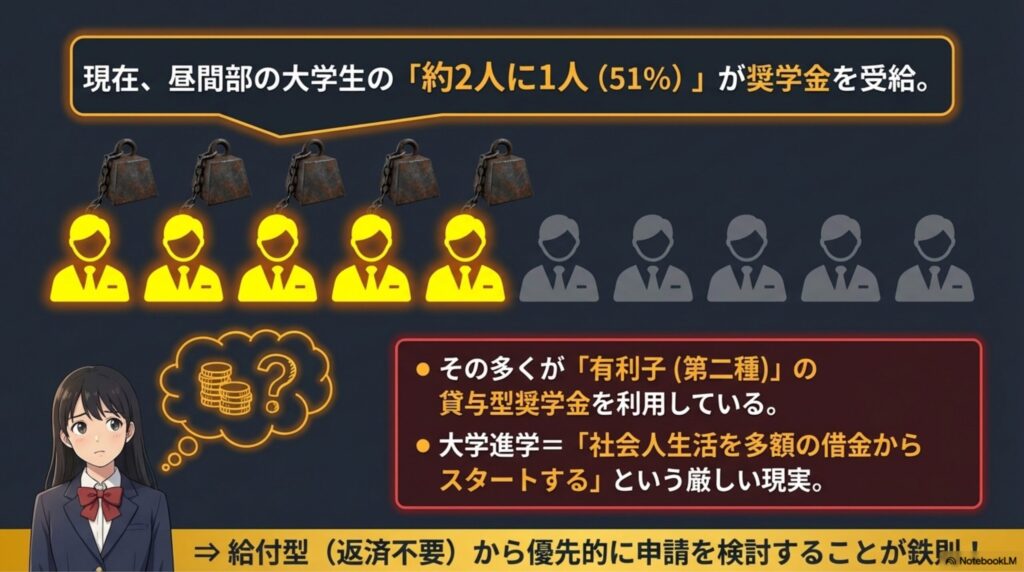 昼間部大学生の約51%が奨学金を利用しており、その多くが利子を伴う貸与型奨学金である事実を示すグラフ。