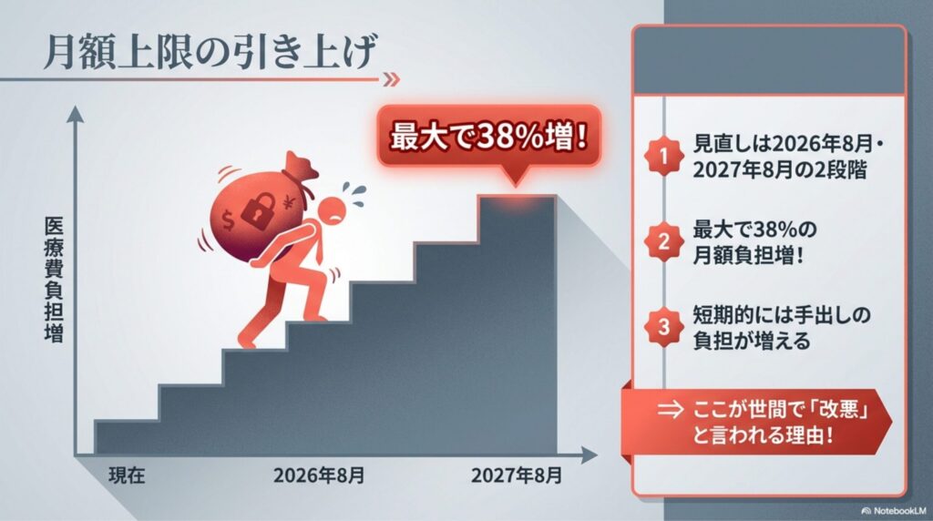 月々の医療費請求が段階的に上がっていく階段を示すグラフの図解