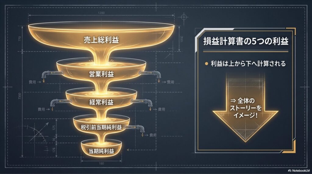 損益計算書において上から順に計算していく「売上総利益」「営業利益」「経常利益」「税引前当期純利益」「当期純利益」の5つの段階を示す図解。

