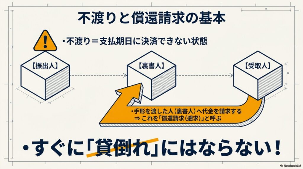 手形が不渡りになった場合、受取人が裏書人に償還請求を行う流れの図解
