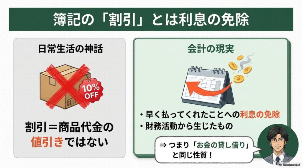 掛け代金を期日より早く支払うことで、利息相当額が免除される仕組みを図解したもの
