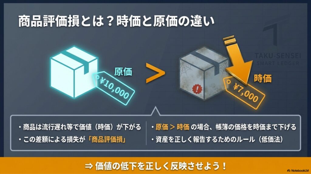 商品評価損の仕組みと、時価が原価を下回った際の低価法による切り下げを説明した図解
