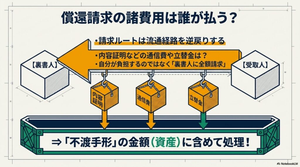 償還請求にかかる通信費などの諸費用は裏書人へ全額請求でき、資産に含めることを示す図解
