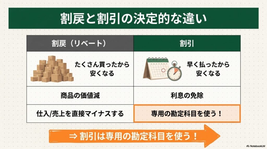 割戻（大量取引によるリベート）と割引（早期決済による利息免除）の違いを比較した図解

