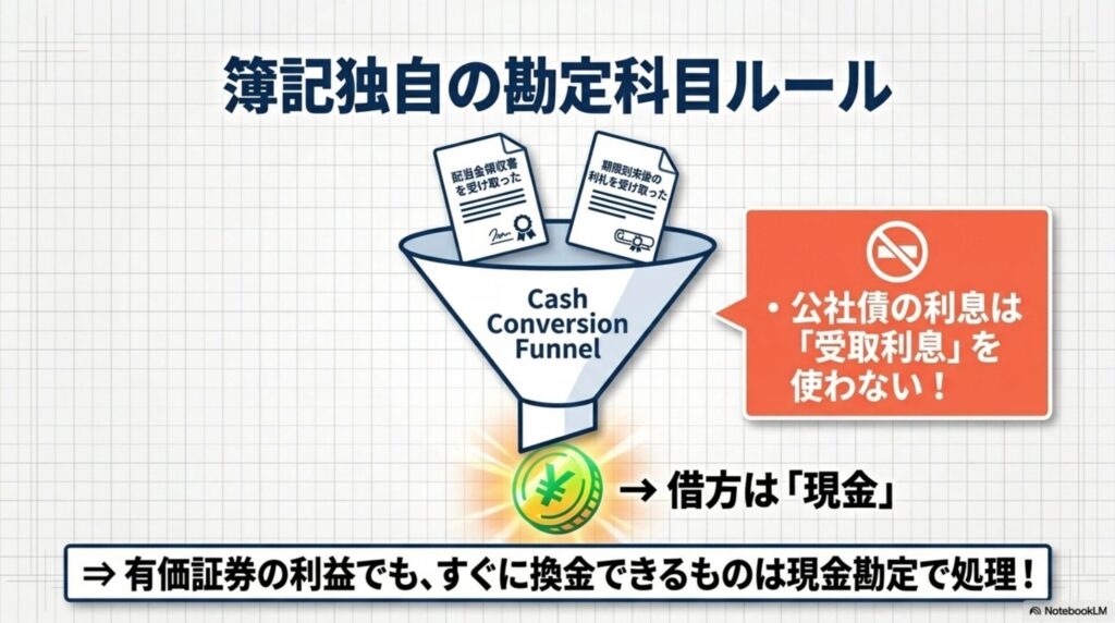 配当金領収書や期限到来後の利札は現金として処理するルールを示す図解
