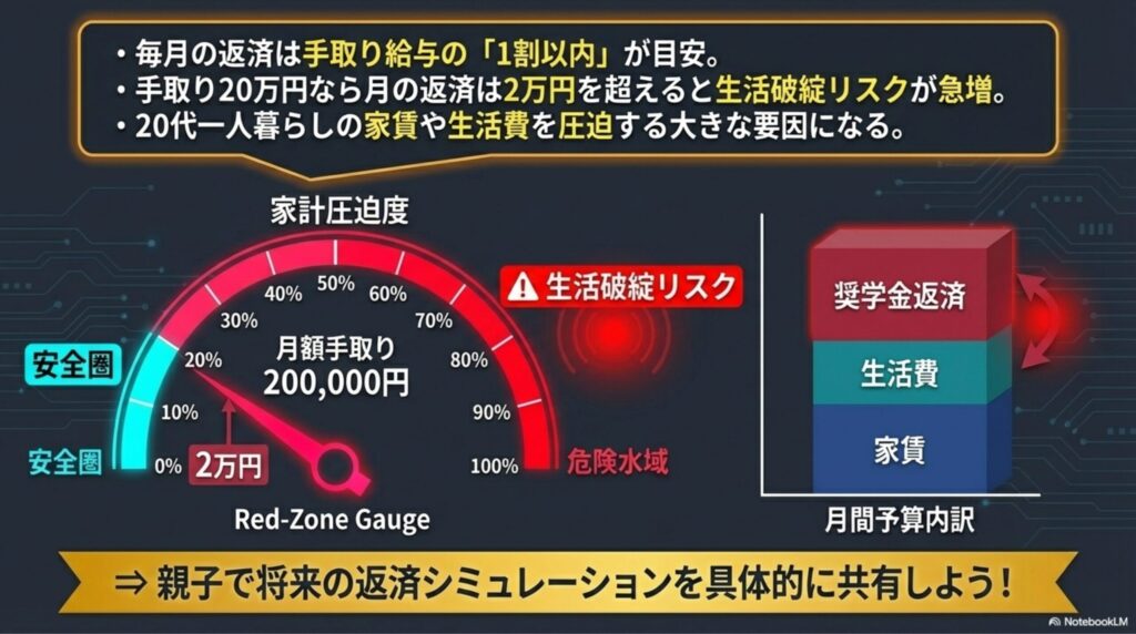 若手社会人の手取り給与の中に占める奨学金返済額の割合を示す図解。月々返済額は手取りの1割以内に収めるべきことを解説。
