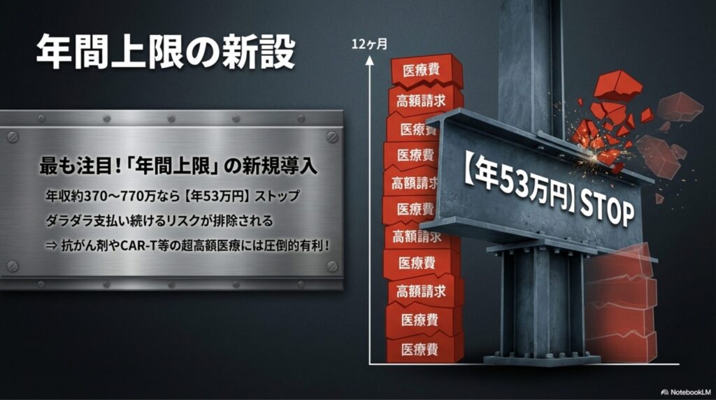 1年間の積み上がった医療費の上に「53万円ストップ」の防護壁が被さる図解
