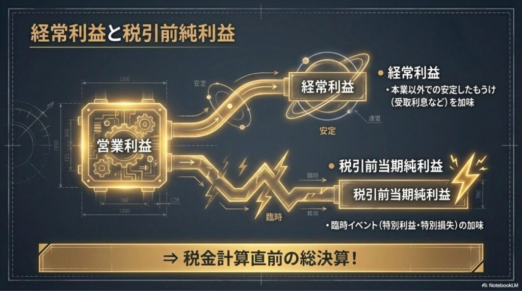 本業以外の損益を加味した経常利益と、臨時的な特別損益を加味した税引前当期純利益の構造図解。

