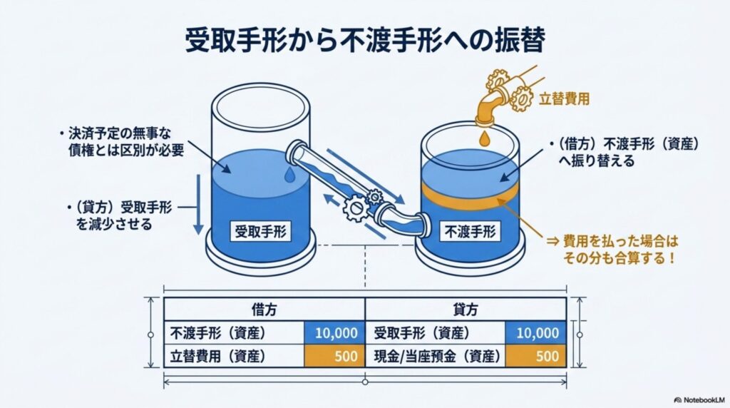 不渡り発生時に受取手形から不渡手形科目へと振替を行い、立替費用を合算する仕訳の図解
