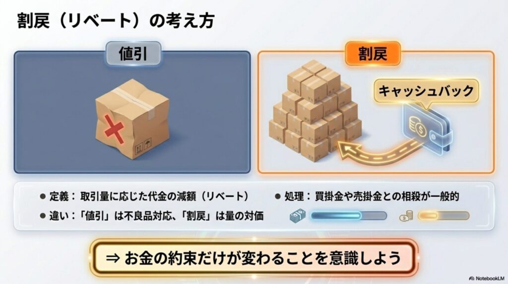 一定期間に多量に取引を行った得意先に対して、代金の一部が返還（減額）されるリベートの仕組みを示した図解
