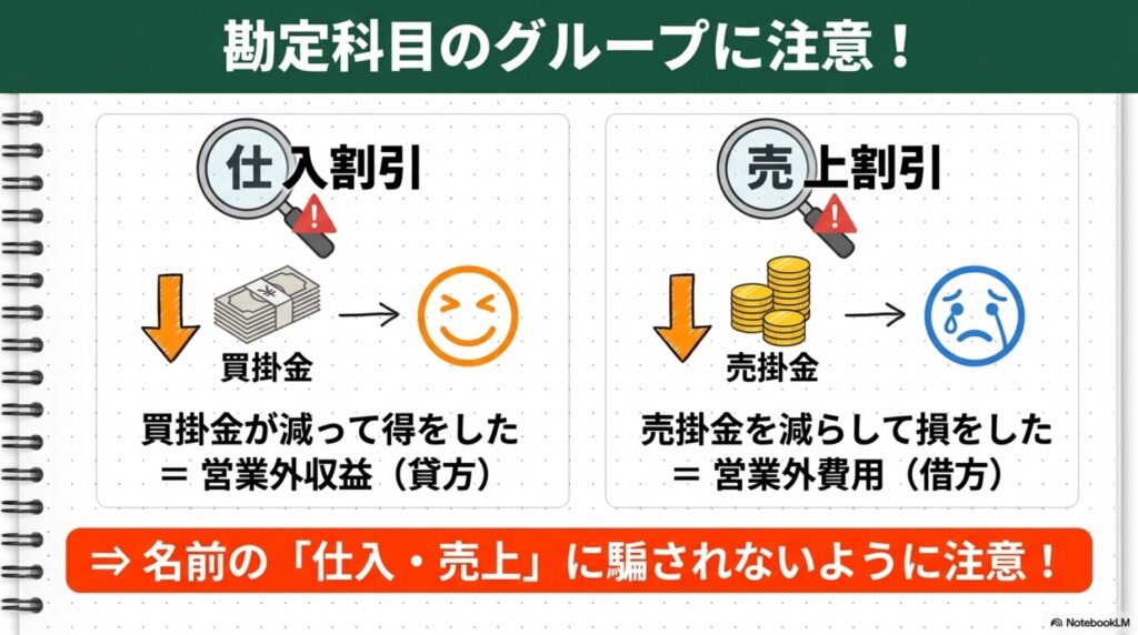 仕入割引が営業外収益（貸方）となり、売上割引が営業外費用（借方）となることを示す図解
