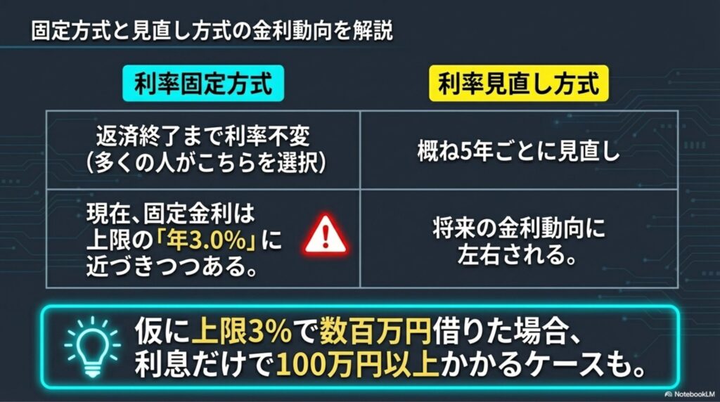 奨学金の金利算定における利率固定方式と見直し方式の違いと、金利が上限の3%に迫るリスクを比較した図。