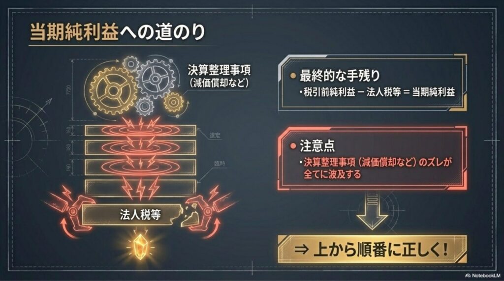 税引前当期純利益から法人税等を差し引き、最終的に手元に残る当期純利益を計算する全体の連鎖的流れの図解。
